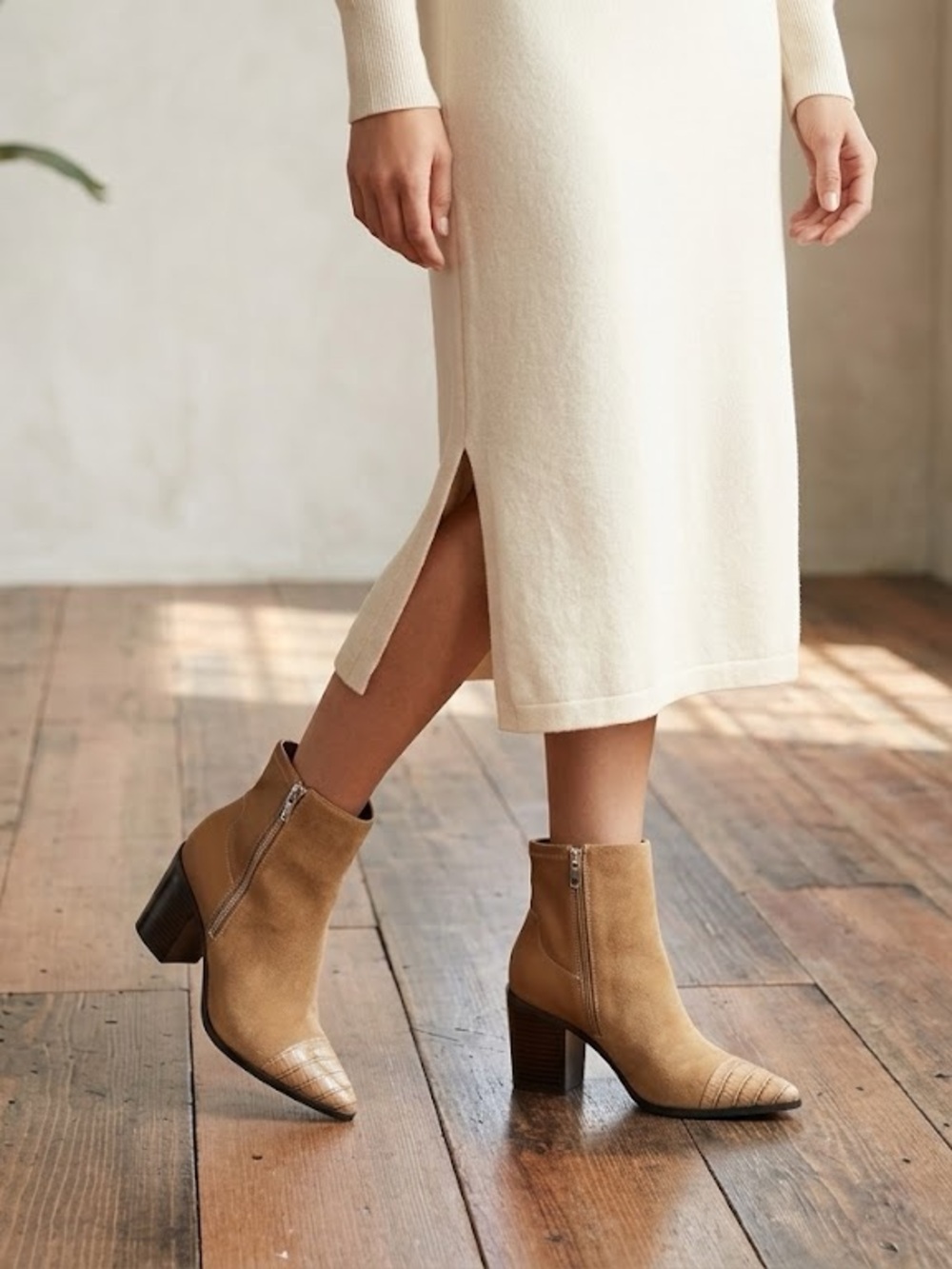 Block Heel Ankle Boots - Tan - Narrow